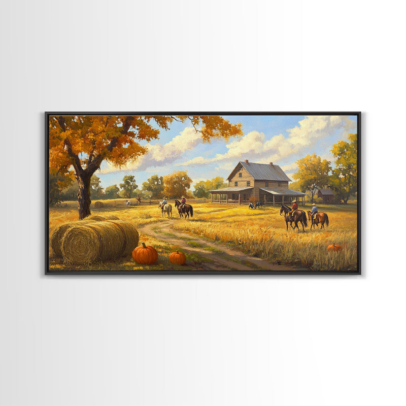 Autumn Ranch Framed Canvas Print Pumpkin Patch Rustic Art Country Home Decor Large Fall Wall Art Farmhouse Style Thanksgiving Decor