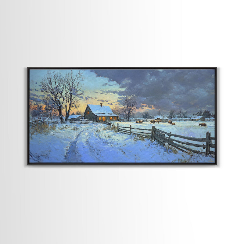 Beautiful Winter Snowy Farm Framed Canvas Print Rustic Christmas Decor, Christmas Wall Art and Holiday Art Prints, Gift Home Decor