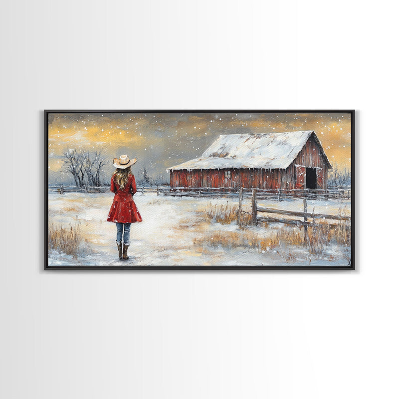 Barn Painting Framed Canvas Print, Cowgirl and her Barn, Rustic Farmhouse Decor, Winter Painting, Winter Wonderland, Farmhouse Wall Art