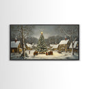Large Christmas Tree In Snowy Village With Families, Winter Wonderland Holiday Wall Art, Framed Canvas Print, Rustic Christmas Decor