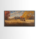 Horseback Riders In Autumn Near Barn, Rustic Fall Wall Art, Cozy Farmhouse Decor Framed Canvas Print, Harvest Time Country Art