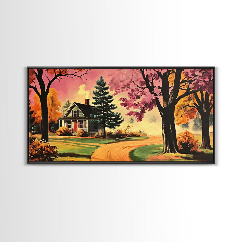 Autumn Landscape Framed Canvas Print, Cozy Country Farmhouse Pathway Art, Fall Home Decor, Modern Farmhouse Seasonal Wall Art Gift Idea