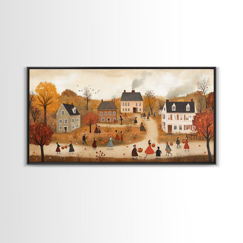 Autumn Harvest Village Scene Framed Canvas Print - Cozy Fall Decor and Seasonal Wall Art with Country Charm and Autumn Ambiance