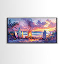 Surfboards And Bonfire At Sunset With Pumpkins, Tropical Beach Christmas Wall Art, Coastal Holiday Framed Canvas Print