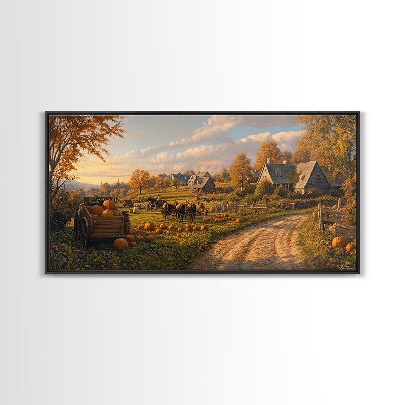 Autumn Pumpkin Harvest Framed Canvas Print, Fall Country Farm Scene Wall Art, Best Autumn Decor, Cozy Farmhouse Gift Idea