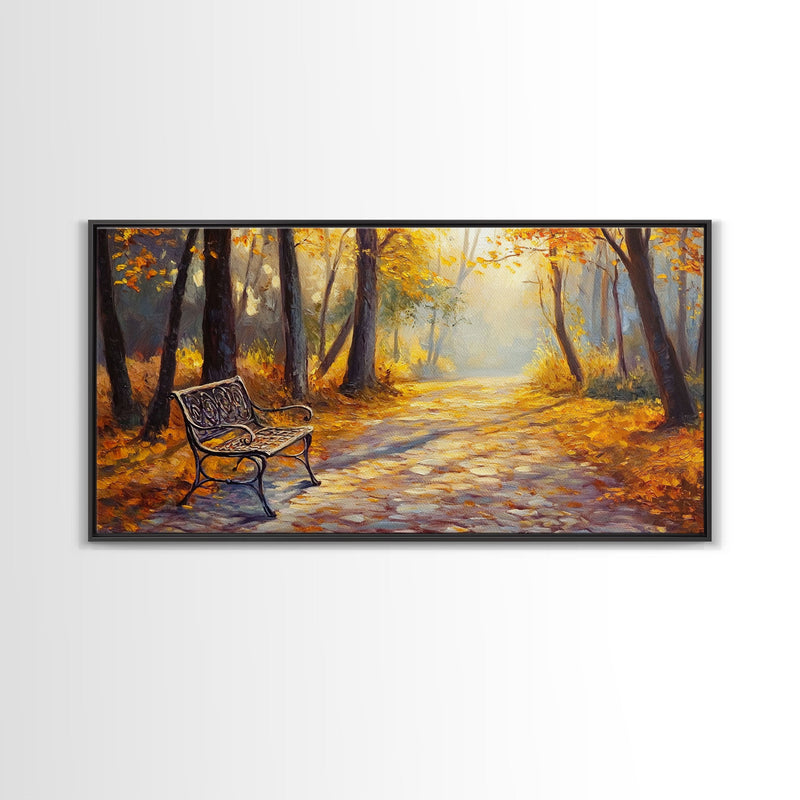 Autumn Path Bench Framed Canvas Print, Serene Fall Landscape Wall Art, Cozy Farmhouse Decor, Seasonal Wall Art Gift Idea