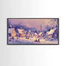 Serene Christmas Village Framed Canvas Print, Snowy Winter Landscape with Families Sledding in a Cozy Neighborhood Holiday Art