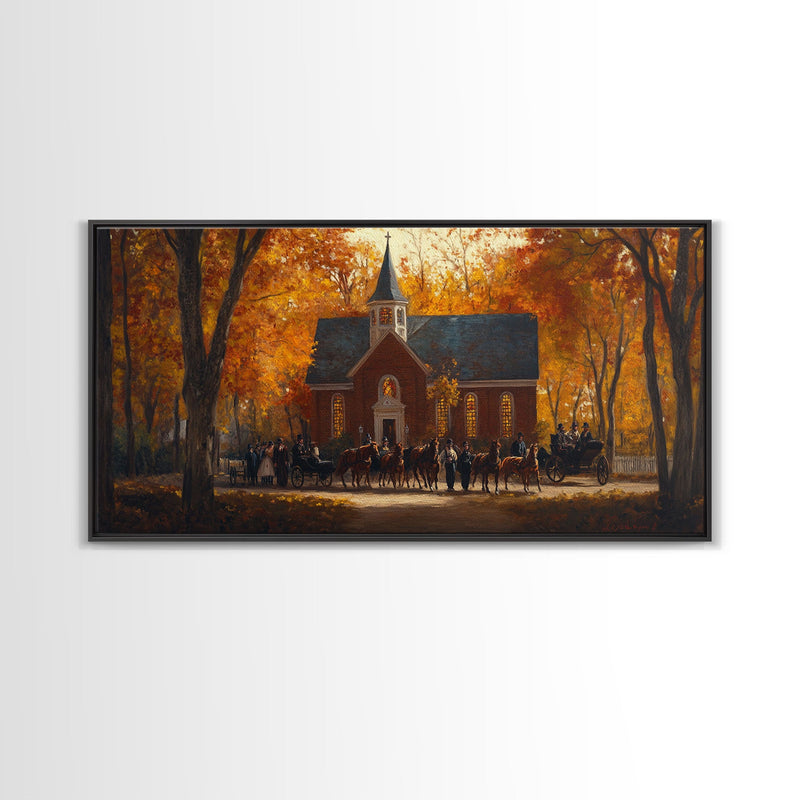 Beautiful Country Church in Autumn Scene Framed Canvas Print Fall Art, Rustic Autumn Church Scene, Vintage Wall Art Home Decor