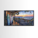 Beachfront porch with surfboards and Christmas lights, Framed Canvas Print with wreaths festive lights, coastal holiday wall art and decor