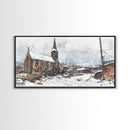 Snowy church scene framed canvas print, stained glass church in winter with snow-covered rooftops, perfect Christmas or holiday art display