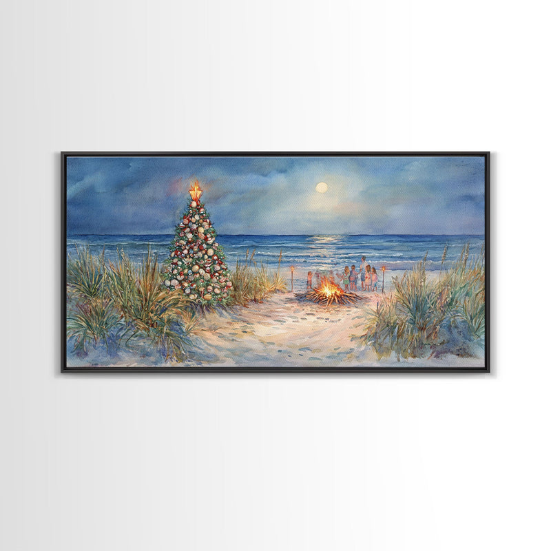 Beach Christmas family gathering by the ocean and bonfire, framed canvas print featuring tropical holiday decor wall art