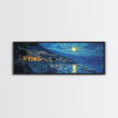 Greece at Midnight - Framed Canvas Print - Greek Fishing Village Under a Full Moon - Boho Wall Art - Moody Landscape Painting