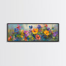 Wildflowers Field Framed Canvas Print Oil Painting, Long Horizontal Art, Vintage Spring Meadow Landscape, Panoramic Landscape Print