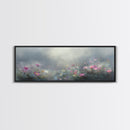 Moody Wild Flowers Under a Cloudy Sky, Panoramic Framed Canvas Print, Nature Decor, Boho Floral Wall Art, Flower Painting Gift For Her