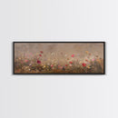 Wild Flowers On a Grey Background, Framed Canvas Print, Panoramic Oil Painting Print, Boho Farmhouse Decor, Modern Rustic Primitive Decor