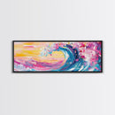 Rainbow Waves, Pink and Turquoise Ocean Waves Framed Canvas Print, Eclectic Kitsch Decor, Retro Farmhouse Wall Art
