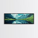 Reflections On The Lake - Framed Canvas Print - Panoramic Original Landscape Painting - Lake Painting - Mountain Painting - Minimalist Muted Art