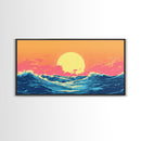 Vaporwave Sunset Over Ocean Waves Framed Canvas Print, Retro Vibes Wall Art