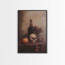 Still Life of a Skull and Wine Framed Canvas Print, Oil Painting Print, Gothic Decor, Dark Academia Macabre Halloween Wall Art, Witchy Decor
