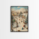 Christmas Village Mantle Painting, Christmas Mantle Wall Art, Framed Canvas Print, Retro Christmas, Vintage Christmas Painting Wall Art