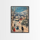 Ice Skating in The Streets on Christmas Morning Framed Canvas Print - Retro Christmas Village Wall Art - Christmas Above Mantle Centerpiece Art