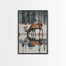 Elk Drinking Water Oil Painting Print, Framed Canvas, Deer Drinking Water In Forest Painting, Nature Decor, Cabin Wall Art, Winter Wall Art