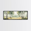Silver Birch Trees in Spring Panoramic Canvas Print, Panoramic Painting, Aspen Trees Painting, Forest Landscape Horizontal Wall Art