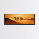 Camels in the desert Framed Canvas Print, Desert Painting, Desert Wall Art, Southwestern Decor, Minimalist Decor, Orange Hues Art