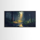 Sun Shines Through The Forest Trees, Framed Canvas Print, Fantasy Landscape Painting, Forest Landscape Oil Painting Print, Living Room Decor