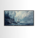 Pirate Ship Off The Coast, Framed Canvas Print, Wood Framed Art, Nautical Decor, Sailboat Painting