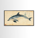 Retro Minimalist Dolphin Painting, Dolphin Home Decor, Framed Canvas Print, Nautical Decor, Elegan Japanese Style Artwork, Wabi Sabi Art