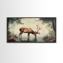 Elk Drinking Water In The Forest, Framed Canvas Print, Nature Art, Rustic Cabin Decor, Modern Farmhouse Wall Art