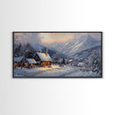 Christmas Mountain Village Oil Painting Print, Framed Canvas, Retro Christmas, Christmas Mountain Landscape Painting, Christmas Art