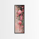 Lantern Glow Canvas Print, whimsical Moroccan wall art with light pink tones and floral accents, tall skinny vertical wall art piece.