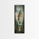 Trout In Mountain Scene Framed Canvas Print Rustic Landscape Art Fly Fishing Wall Art Skinny Wall Art Tall Vertical Decor