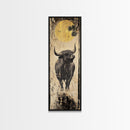 Modern Bull Artwork Framed Canvas Print, Rustic Animal Wall Art, Farmhouse Decor, Vertical Skinny Art, Pine Tree Moonlight Scene