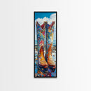 Vibrant Western Boots Framed Canvas Print, Coastal Cowgirl Artwork, Farmhouse Rustic Decor, Bright Living Room Vertical Art