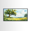Sunny Meadow Elegance Canvas Print Featuring Oak Tree Art and Wildflower Painting Rustic Decor for Living Room Wall Art