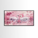 Swan Reflection Watercolor Framed Canvas Print, Romantic Wildlife Art, Cherry Blossom Wall Art, Rustic Farmhouse Decor, Bedroom Art