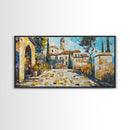 Mediterranean Village Mosaic Framed Canvas Print - Vibrant Coastal Landscape Art - Nautical Decor Living Room Rustic Wall Art