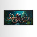 Majestic Octopus Framed Canvas Print, Coastal Decor Wall Art, Marine Wildlife Painting, Ocean Life Nautical Theme, Rustic Home Art