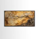 Framed Canvas Print of Golden Cherry Blossom Art in Chinoiserie Style with Metallic Details, Elegant Botanical Wall Art Gift