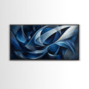Abstract Blue Swirls Canvas Print, Geometric Wall Art Horizontal Decor, Moody Modern Artwork Gift Idea Living Room Panoramic Art