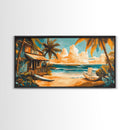 Sunset Surf Shack Canvas Print Nautical Wall Art Coastal Painting Rustic Decor Tropical Landscape Art Extra Wide Art Bedroom Art