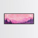 Mountain Landscape Art Framed Canvas Print in Light Pink Hues with Starry Sky, Bedroom or Living Room Artwork, Rustic Decor Painting