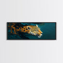 Leopard In Motion Framed Canvas Print - Abstract Jungle Painting, Teal And Orange Wildcat Art, Modern Safari Wall Decor, Bedroom Accent