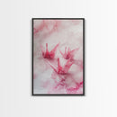 Origami Cranes Canvas Print, Pink Paper Bird Art, Minimalist Zen Decor, Whimsical Artwork Bedroom Wall Art, Japanese-Inspired Gift