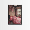 Cherry Blossom Dream Framed Canvas Print Light Pink Japanese Inspired Bedroom Art Cozy Home Floral Wall Decor Feminine Artwork Gift