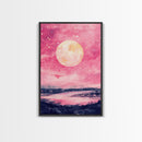Moonlit Sky over Lake Framed Canvas Print, Pink Night Landscape Painting Coastal Wall Art, Minimalist Bedroom or Guest Room Decor