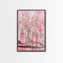 Pink wildflower botanical prints with glass bottles framed canvas print for bedroom or guest room rustic decor gift idea her wall art